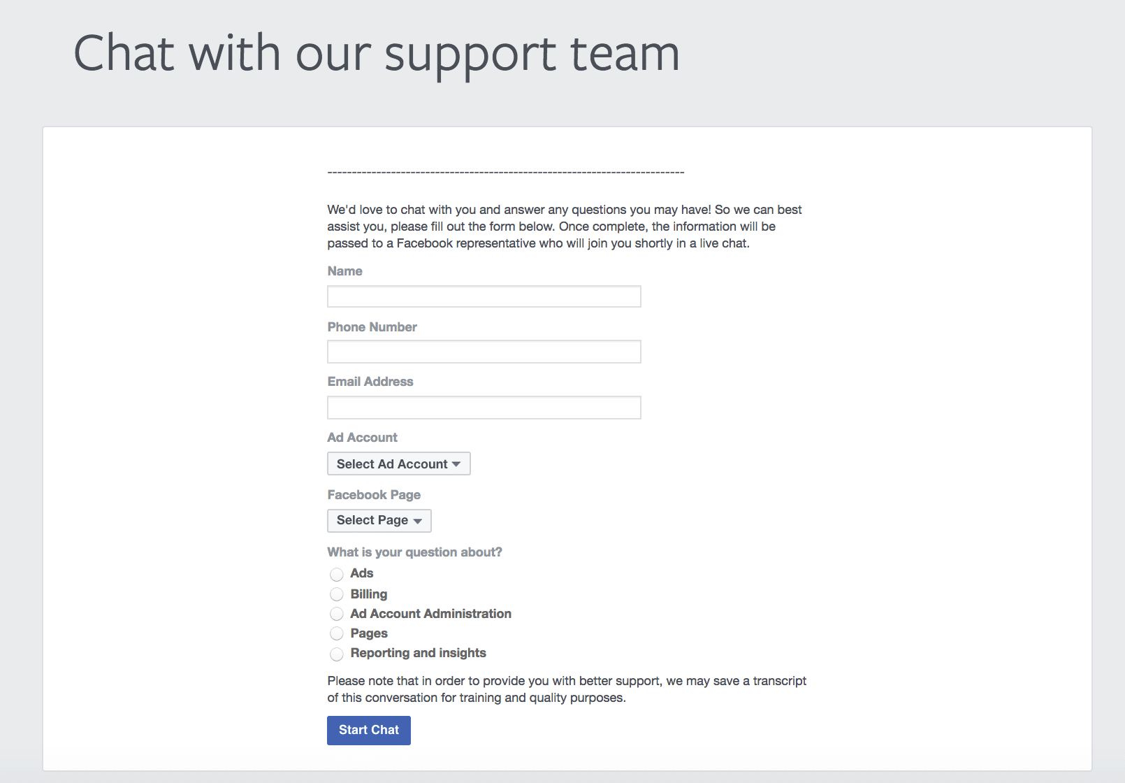 Facebook help chat form
