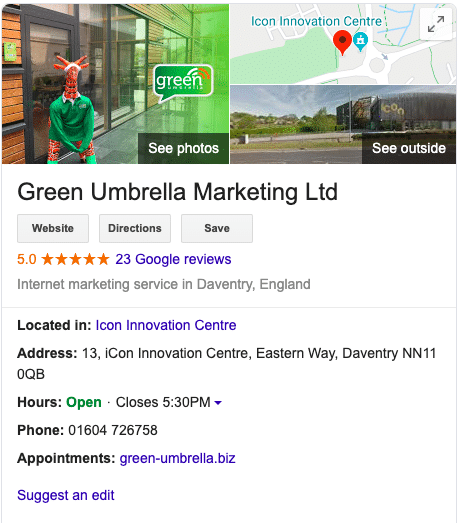 Green Umbrella Marketing Google my Business listing